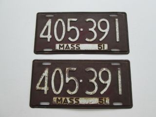 Rare 1951 Massachusetts MA MASS LICENSE PLATES PAIR SET 405 - 391 2