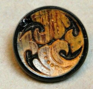 Small Antique Victorian Button Black Glass Painted To Look Like Wood A15