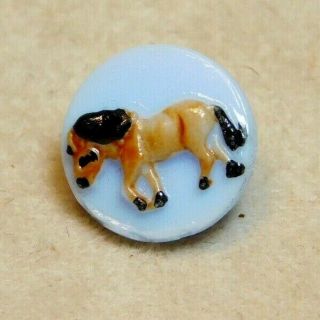 Antique Vintage Baby Blue Glass Button Painted Horse For Children A1