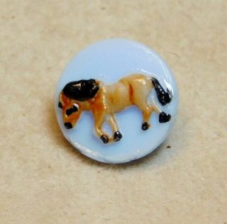 Antique Vintage Baby Blue Glass BUTTON Painted Horse for Children A1 2