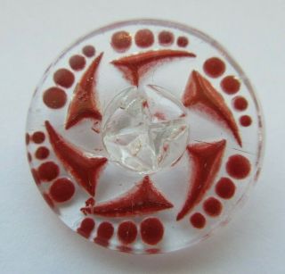 Awesome Antique Vtg Clear Glass Button W/ Back Painted Pattern Design 1 " (n)