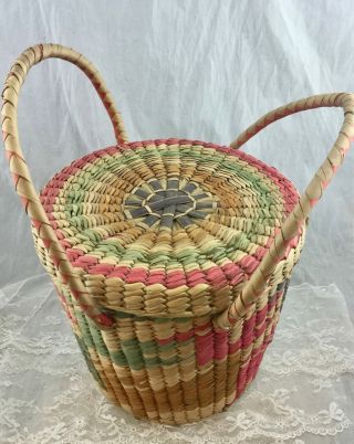 Vintage Large Colorful Woven Straw Wicker Basket Beach Tote Lid Handles Mexico 2