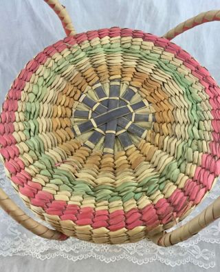 Vintage Large Colorful Woven Straw Wicker Basket Beach Tote Lid Handles Mexico 3