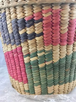 Vintage Large Colorful Woven Straw Wicker Basket Beach Tote Lid Handles Mexico 4