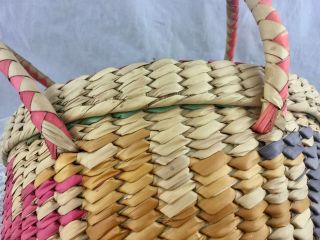 Vintage Large Colorful Woven Straw Wicker Basket Beach Tote Lid Handles Mexico 5
