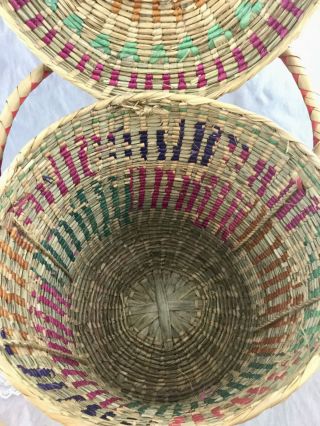 Vintage Large Colorful Woven Straw Wicker Basket Beach Tote Lid Handles Mexico 7