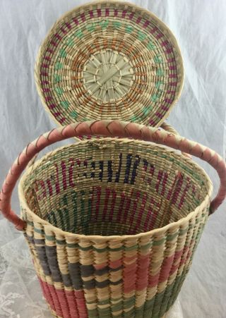 Vintage Large Colorful Woven Straw Wicker Basket Beach Tote Lid Handles Mexico 8