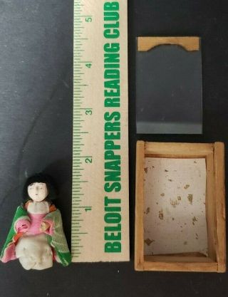 Antique Vintage Chinese Tiny Porcelian Doll In Wooden Glass Case 1 3/4 " Doll
