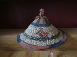 Straw Leather Conical Coolie Rice Paddy Hat Bohemian Folk Art Asian African