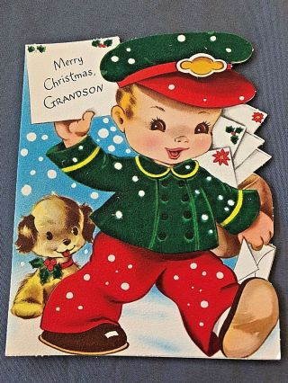 Vintage Volland Die Cut Christmas Card Little Boy Mailman With Dog Flocked