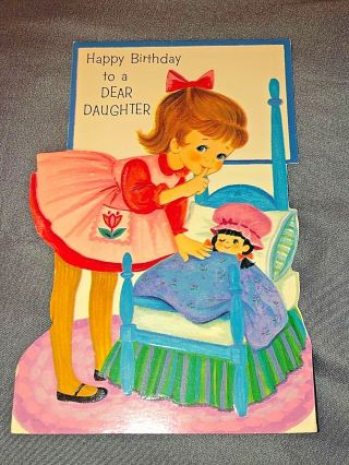 Vintage Forget Me Not Die Cut Birthday Card Little Girl W/ Baby Doll In Bed