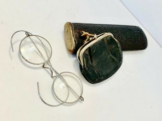 Vintage Japanese Leather Eyeglass Case And Coin Purse (b42)