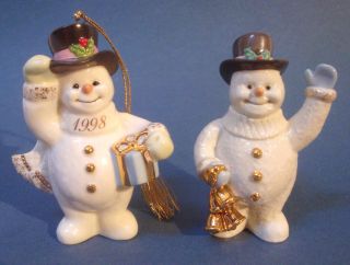 2 Lenox Snowman Porcelain Frosty Morning 1998 Xmas Ornament Figurine Gold Accent