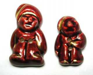 2 Sizes Vintage French Ceramic Buttons Red Gnome Realistic W/ Gold Luster