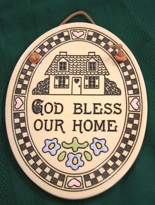 Trinity Pottery God Bless Our Home Checkerboard Floral 7 1/4 " Oval Wall Plaque