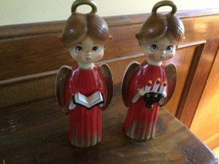 2 Vintage Angel Figurines.  Large 9”.  Japan,  Ceramic.  Red Gowns.  Hymnal,  Candle