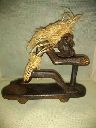 Hand Carved Wooden Tiki Tribal Folk Art Ethnic Man Figure Driving On A Scooter