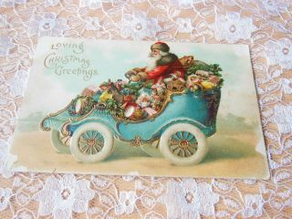 Antique Postcard/raphael Tuck/father Christmas In Car Full Of Toys