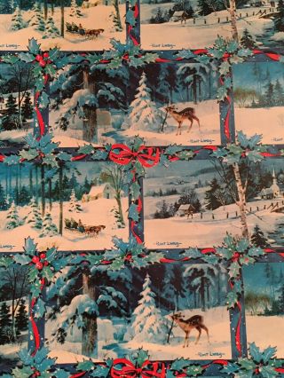Vtg Christmas Wrapping Paper Gift Wrap 1960 Deer Sleigh Church Snow Scene Pretty