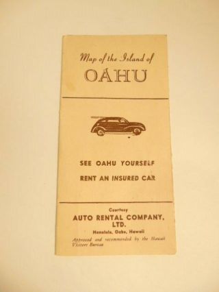 Vintage Circa 1950 Map Of The Island Of Oahu/ Ad For Auto Rental Co.