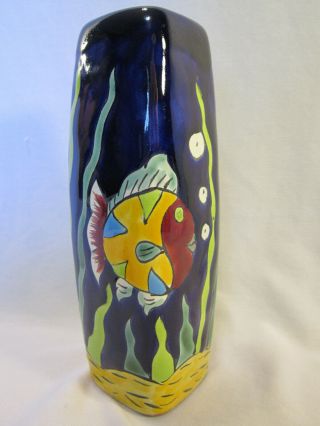Talavera Pottery Hand Painted Terra Cotta Vase Mexico Fish In Sea Grass 4 Sides