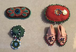 3 Vintage Native American Indian Handmade Bead Work Moccasins Motif & Bar Pins