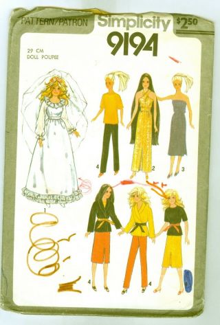 Vintage Simplicity 9194 Pattern For Wardrobe For 11 1/2 Inch Dolls Like Barbie