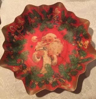 Vintage Fluted Pressed Cardboard Christmas Bowl/serving Plate Santa Claus W/gilt