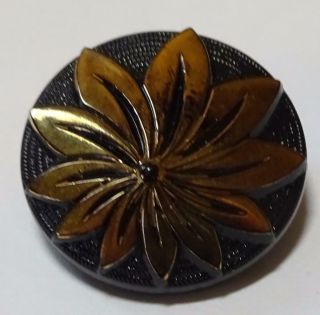 Lovely Vintage Black Glass Button With A Gold Leaf Or Flower Design