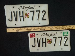 Maryland Md License Plates Tags 2007 07 White Black Pair Set,  2001 01 Jvh - 772