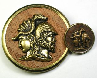 Bb Antique Woodback Brass Button Mom/daughter Minerva & Jupiter 5/8 " & 1 & 1/2 "