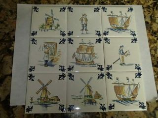 9 Vintage Klm Business Class Dutch Delft Ceramic Tile Coasters Ships Windmills