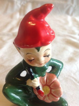 Vintage Ceramic Pixie Elf Figurine Painting Flower Red Green Japan