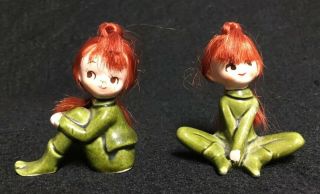 Set of 2 Vintage Napco Christmas Ceramic Pixie Elf Girl Red Hair Figurine Figure 2