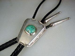 Old Navajo Hand Stamped Sterling Silver & Turquoise Bolo Tie
