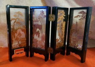 Vintage Chinese Cork Lacquered Wood & Glass Miniature 4 Panel Folding Screen