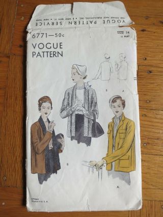 Vogue 6771 Vintage Sewing Jacket Pattern Size 14 Bust 32 50s 1950s