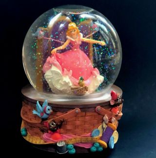 Disney Enesco Cinderella Music Snow Globe Blue Birds Sewing Basket Sixpence Song