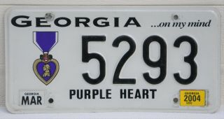 Purple Heart Medal Georgia.  On My Mind March 2004 License Plate Tag 5293 Ga