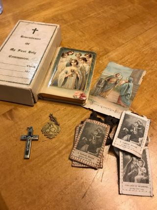 1925 First Holy Communion Prayer Book,  Cross,  Pin,  And Flags