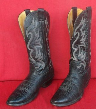 Classic Bull Rider Style Black Leather Cowboy Boots Size 8 1/2 D -