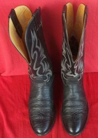 Classic Bull Rider Style Black Leather Cowboy Boots Size 8 1/2 D - 3
