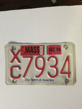 1998 Massachusetts " Spirit Of America " Motorcycle License Plate (xc 7934)