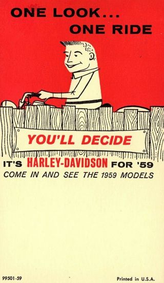1959 Harley Davidson Dealer Promotional Postcard,