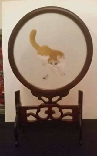 Vintage Chinese Suzhou Silk Hand Embroidered Cat Insect Glass Frame Bamboo Stand