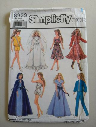 Vintage Simplicity 8333 Barbie Doll Clothes Pattern 1987
