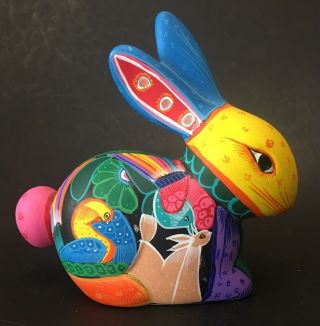 Hand Painted Mexican Folk Art Pottery Bunny Rabbit Figurine