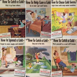 1951 Disney & Kleenex " How To Catch A Cold " Litho Art Posters - Complete Set 6