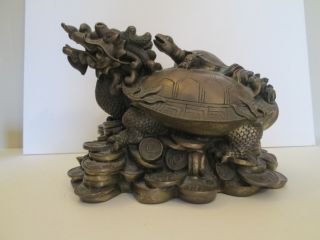 9 " Brass Wealth Money Coin Longevity Dragon Turtle Statue Vintage