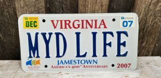 Virginia License Plate Tag Number Myd Life Classic Va Jamestown 400 Years